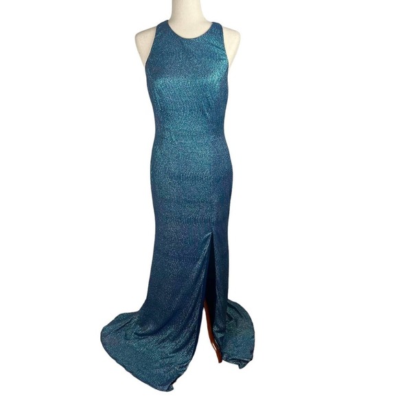 DESSY COLLECTION VIVIAN DIAMOND METALLIC TRUMPET GOWN IN MIDNIGHT NWT WOMEN'S 10 - Picture 3 of 16